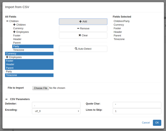 CSV Import view running in Sao