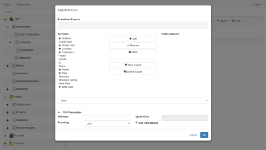 CSV Export dialog in Sao